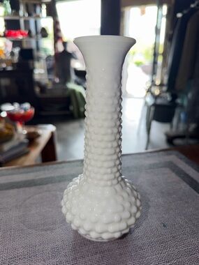 Vintage E.O. Brody White Milk Glass Hobnail Bus Vase